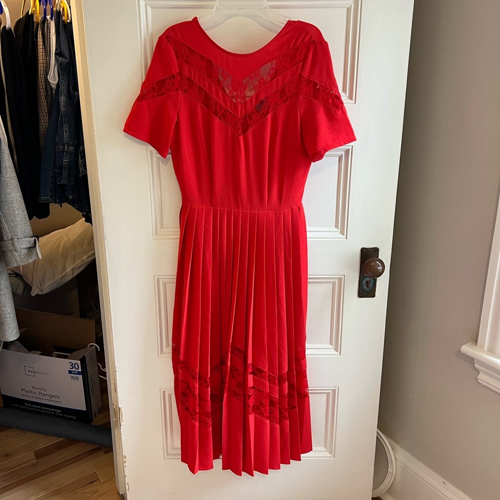ASOS Tall Premium Pleated Midi Dress with lace insets. Red. Tall size 2